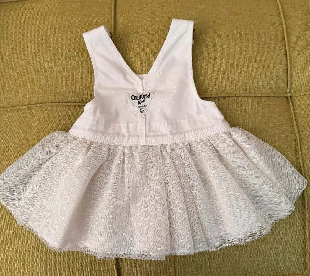 OshKosh B'gosh Off White Denim Overall Dress With Tulle Skirt Size 3M